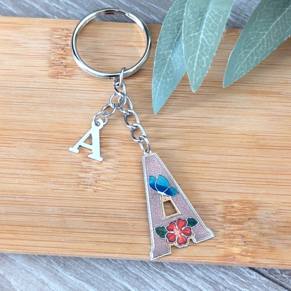 Silver Keychain with Floral Letter A Charm Handcrafted by me